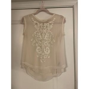 Rebecca Taylor 100% Sillk Embroidered White‎ Cream Gauzy Tank Size 0